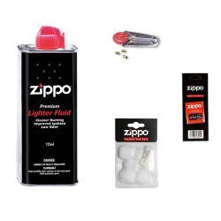 Set de accesorios, compuesto por 1 mechero original Zippo de gasolina de 125 ml, 1 mecha de repuesto, 6 piedras, 1 algodón y aceite